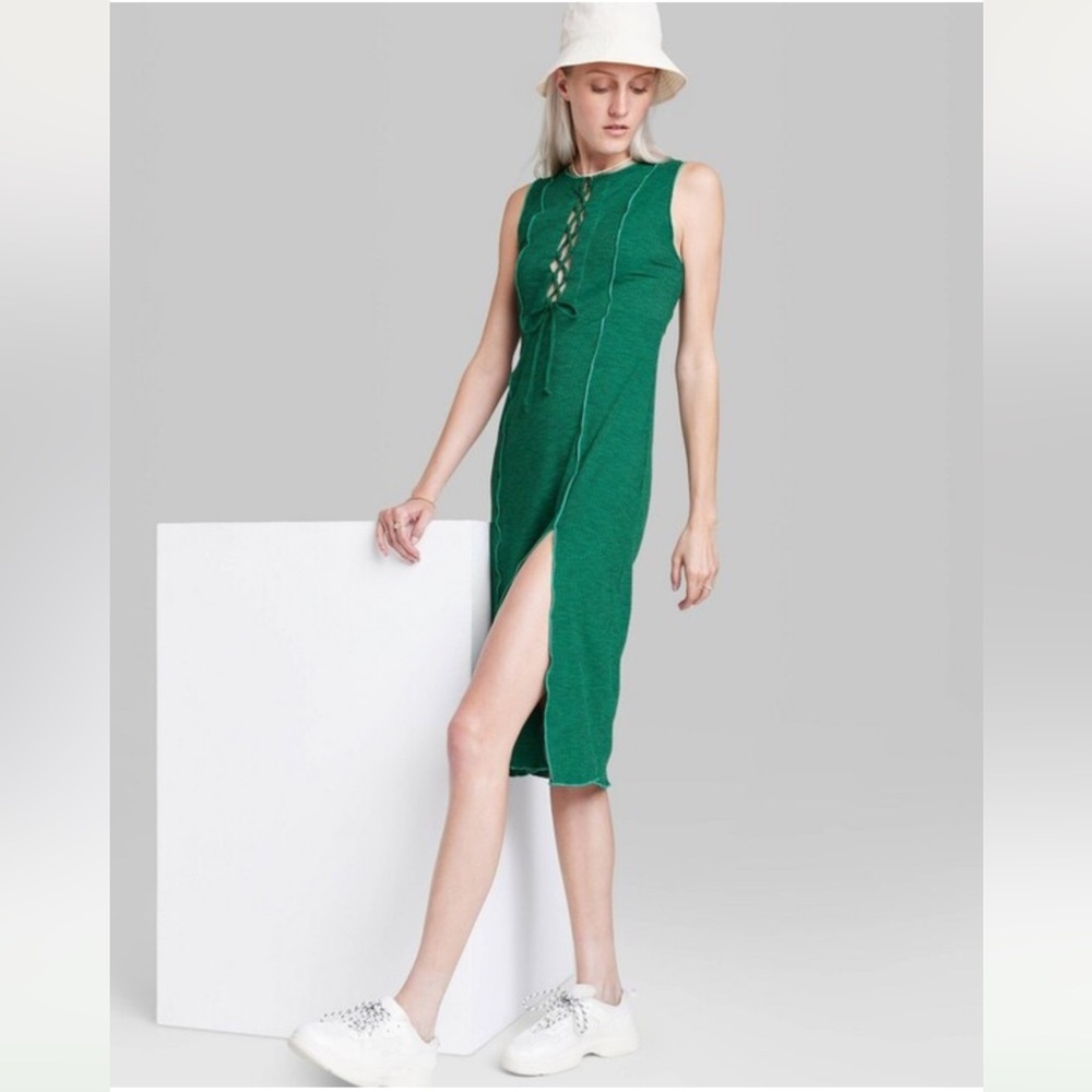 NWT Wild Fable Women's Sleeveless Lace-Up Green Ribbed Midi Dress w/ Slit - XS